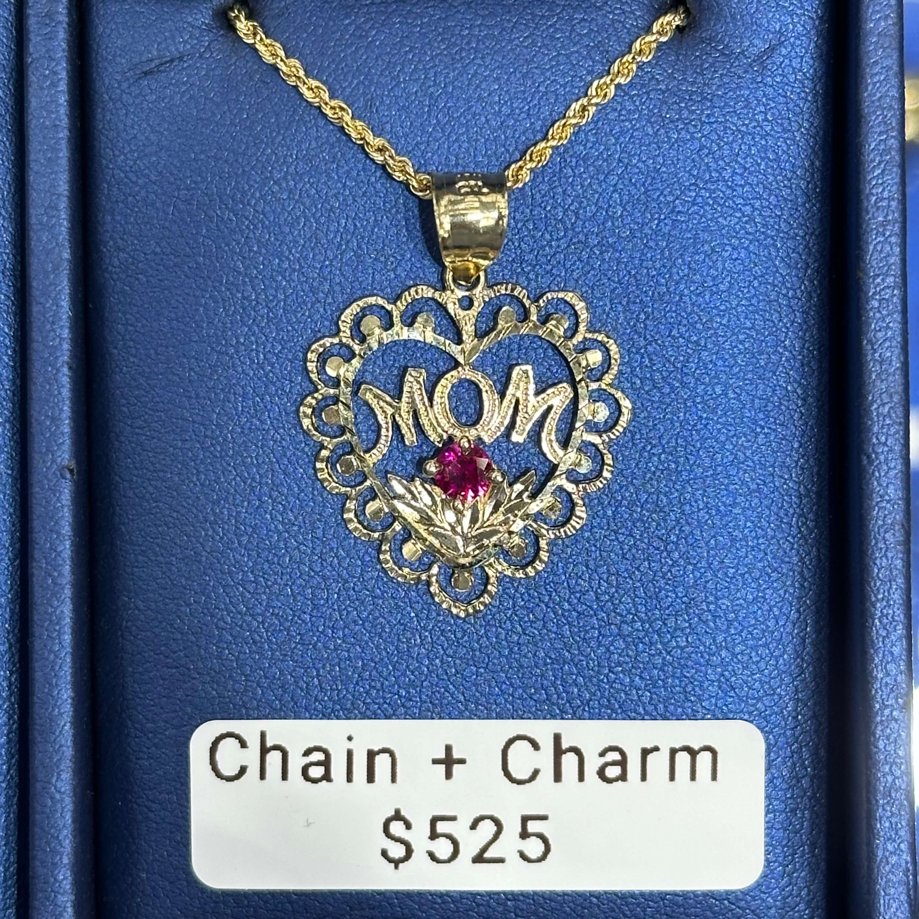 Mom Pendant Heart Shape with Ruby CZ Stone and Necklace