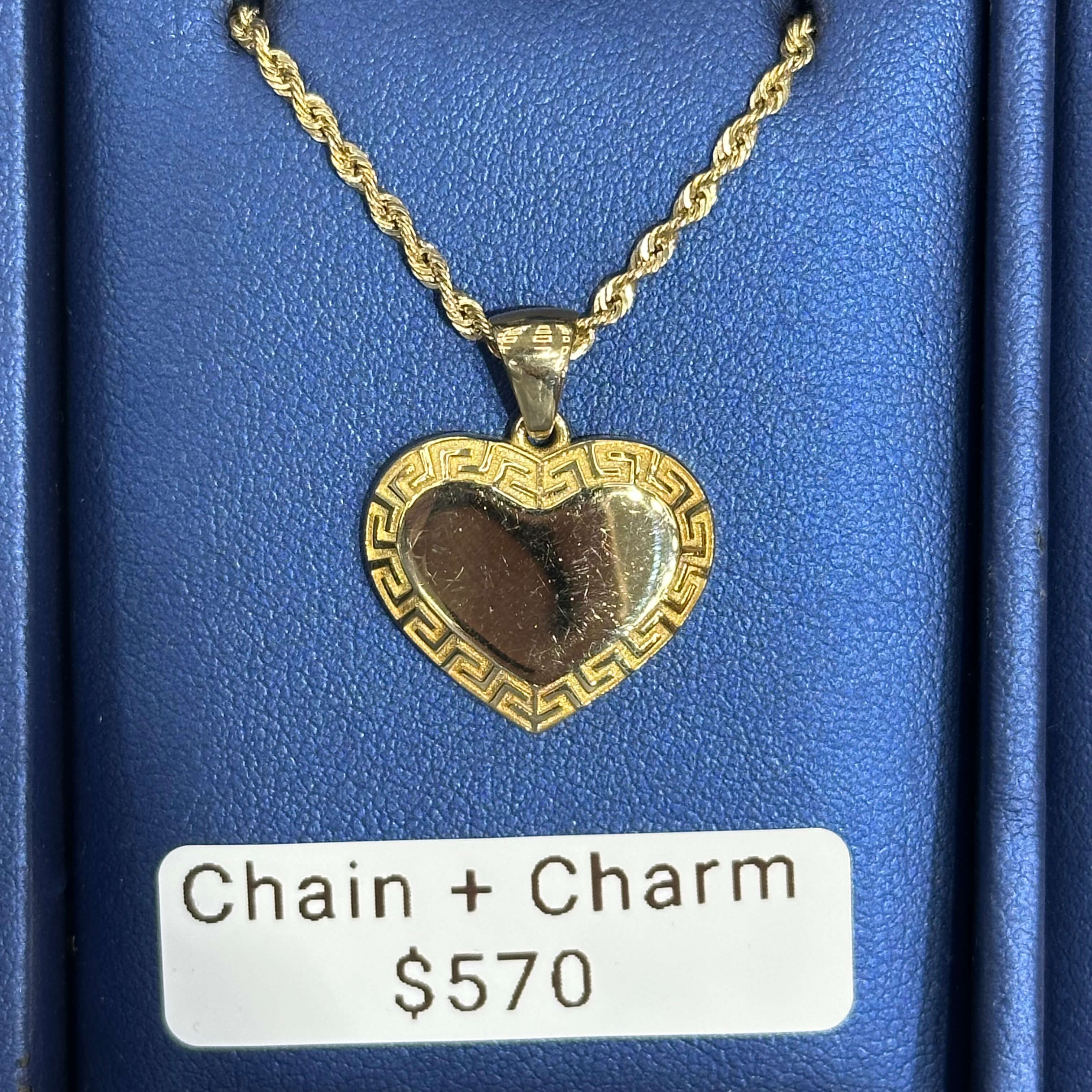 10k Gold Hear Polished Charm with a Rope Chain