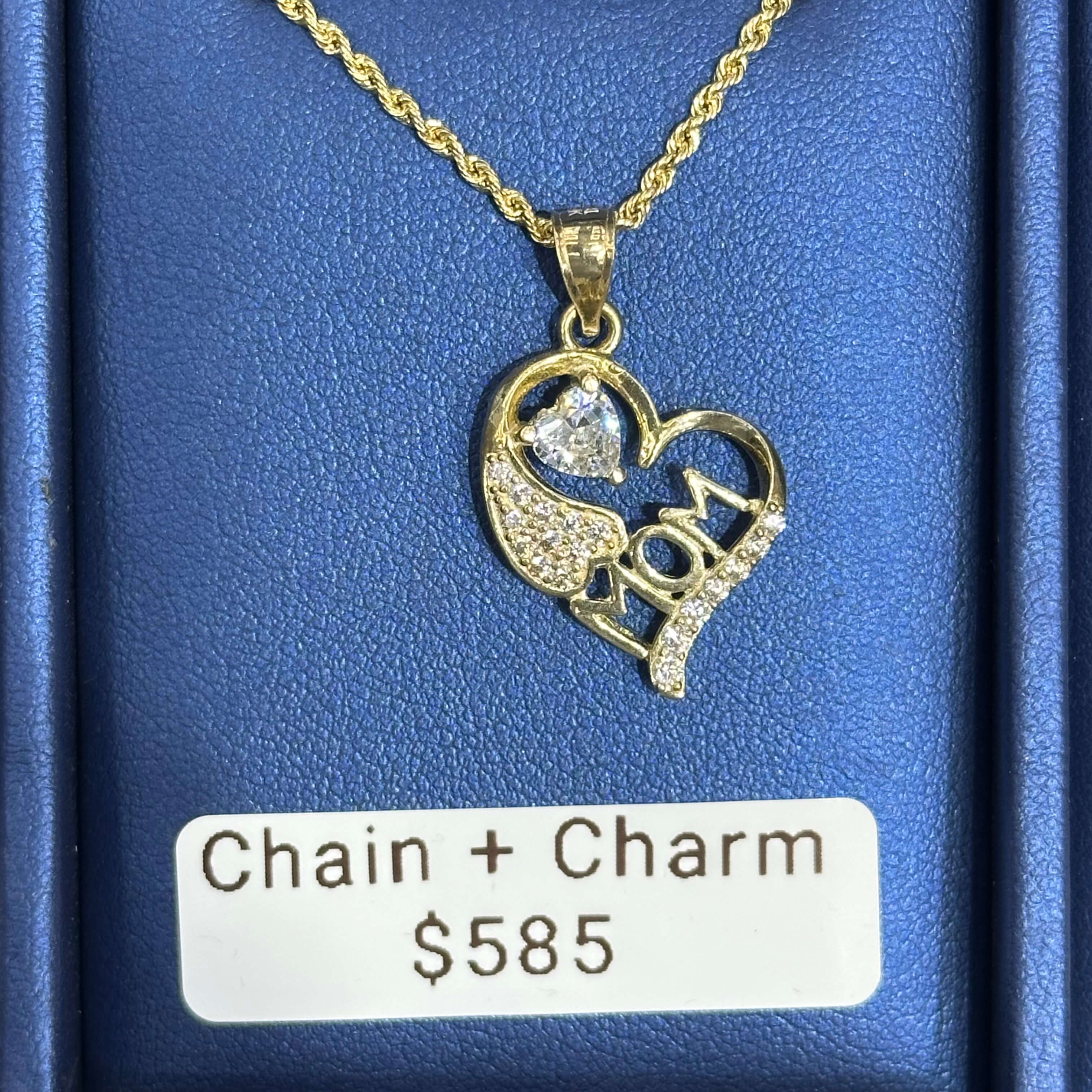 Delicate Mom Heart Charm with Cubic Zirconia and 10k Gold Necklace