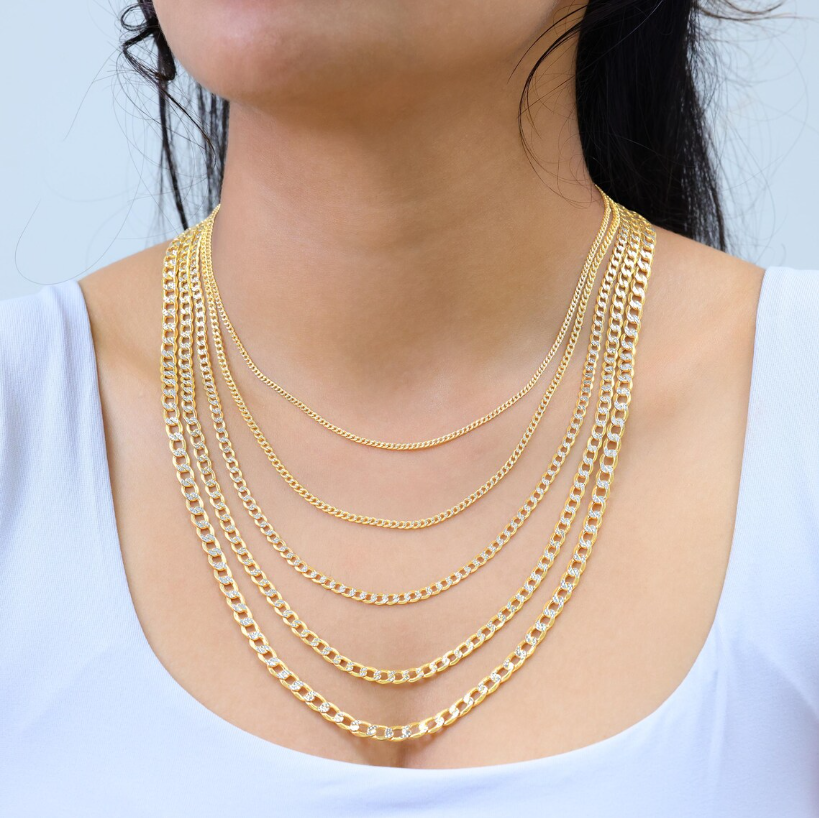 10K Yellow Gold Pave Diamond Cut Cuban Link Chain | Real Italian Curb Necklace | 2mm 2.5mm 3.5mm 4.5mm 5.5mm 6.5mm | 16"-26" | Men & Women