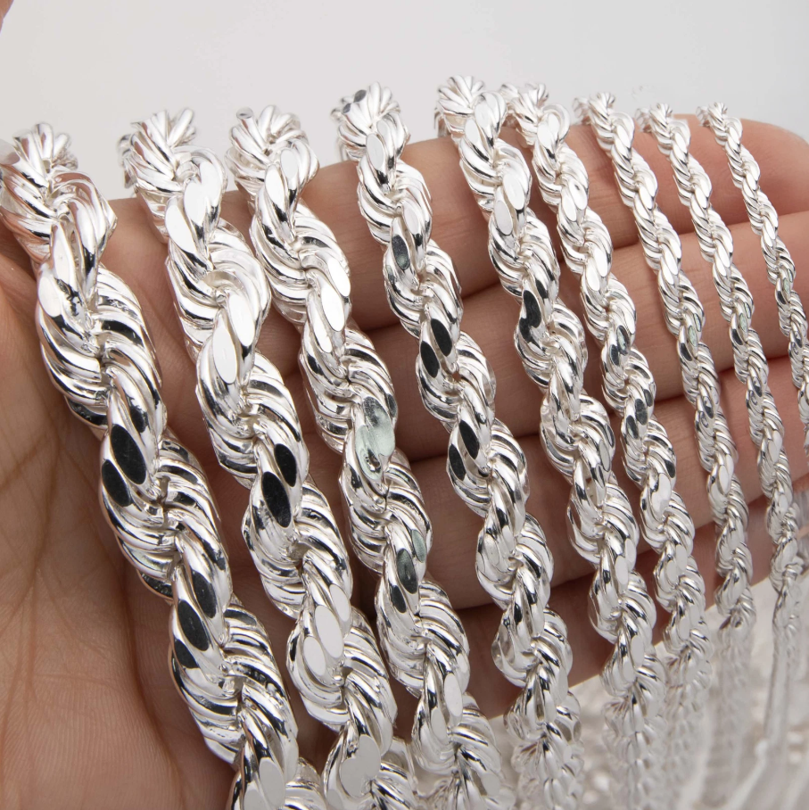 925 Silver Rope Chain Man Female Any Size 2, 3, 4, 5, 6, 7, 8, 9 mm