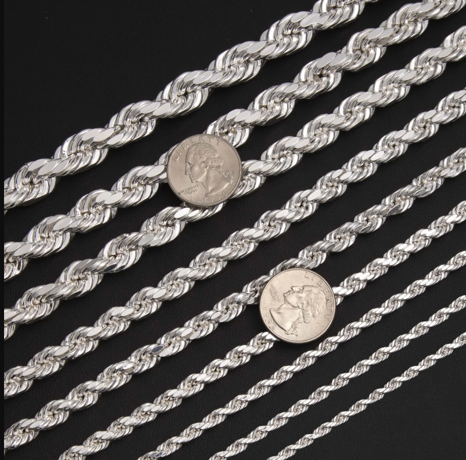 925 Silver Rope Chain Man Female Any Size 2, 3, 4, 5, 6, 7, 8, 9 mm