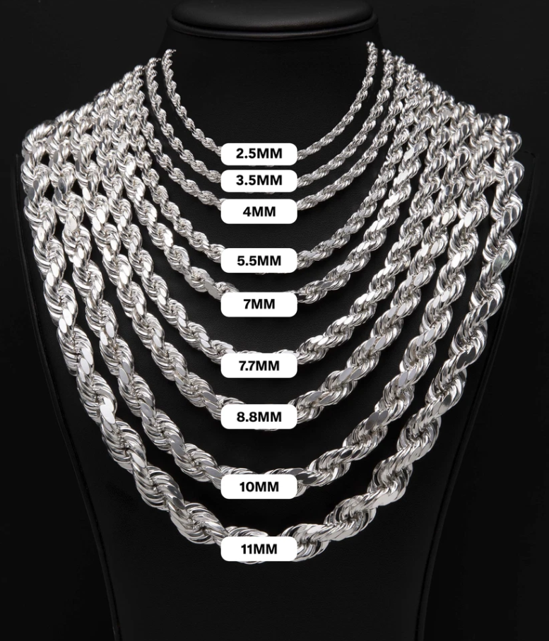 925 Silver Rope Chain Man Female Any Size 2, 3, 4, 5, 6, 7, 8, 9 mm