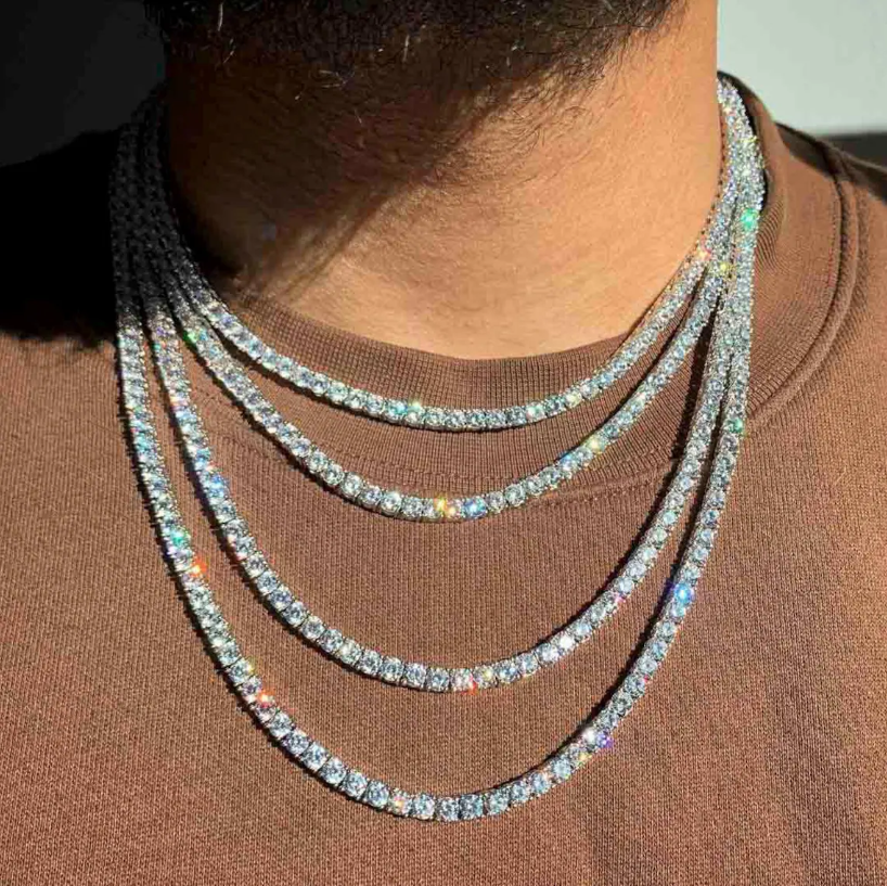 VVS1 Moissanite Necklace Sterling Silver Tennis Necklace Iced Out Chain Diamond Simulant 2mm 3mm 4mm 5mm 6.5mm Gift for Him and Her