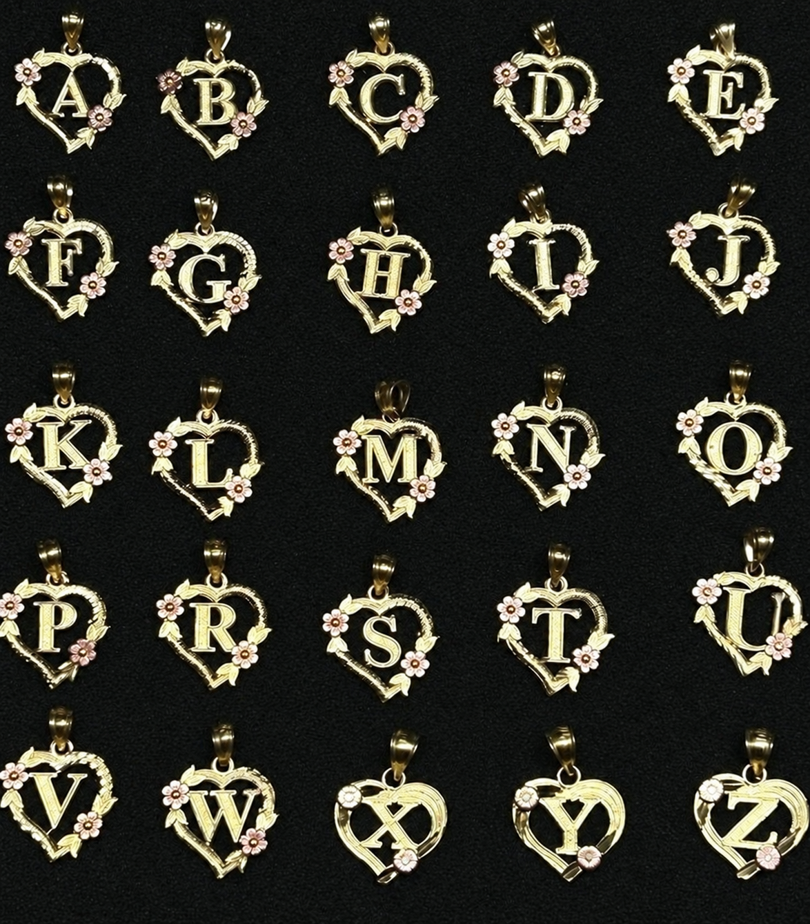 10k Multi-Tone Gold Heart Initial Pendant with Rose Gold Flower