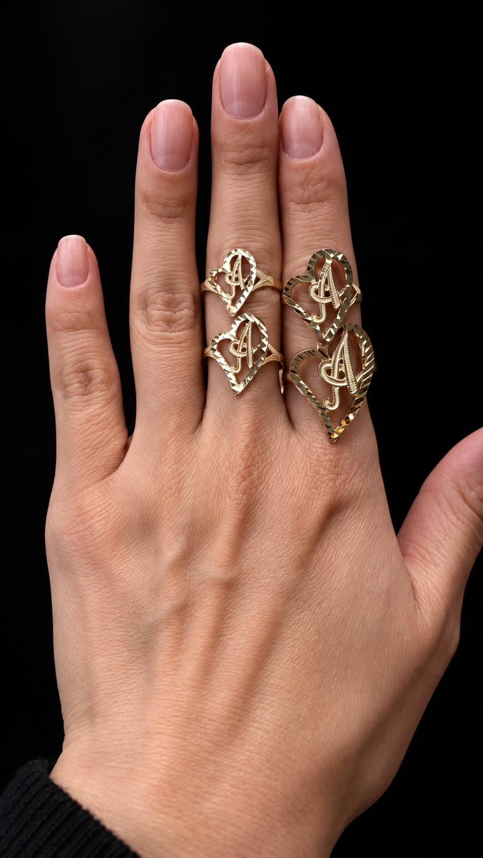 10k Yellow Gold Solid Slanted Heart Cursive Initial Ring with Diamond Cut