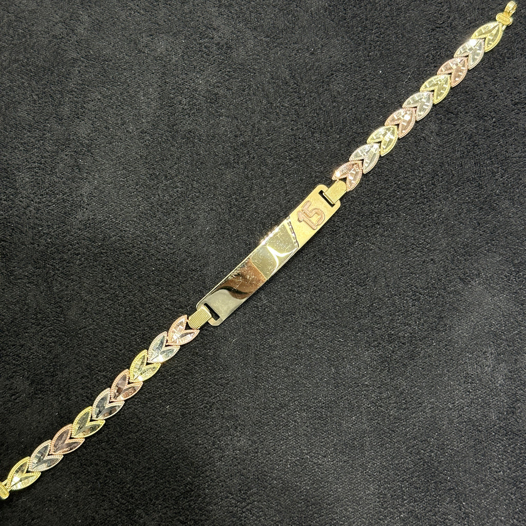 3 Tone 10k Gold Quinceanera Bracelet with Nameplate for Girls Woman