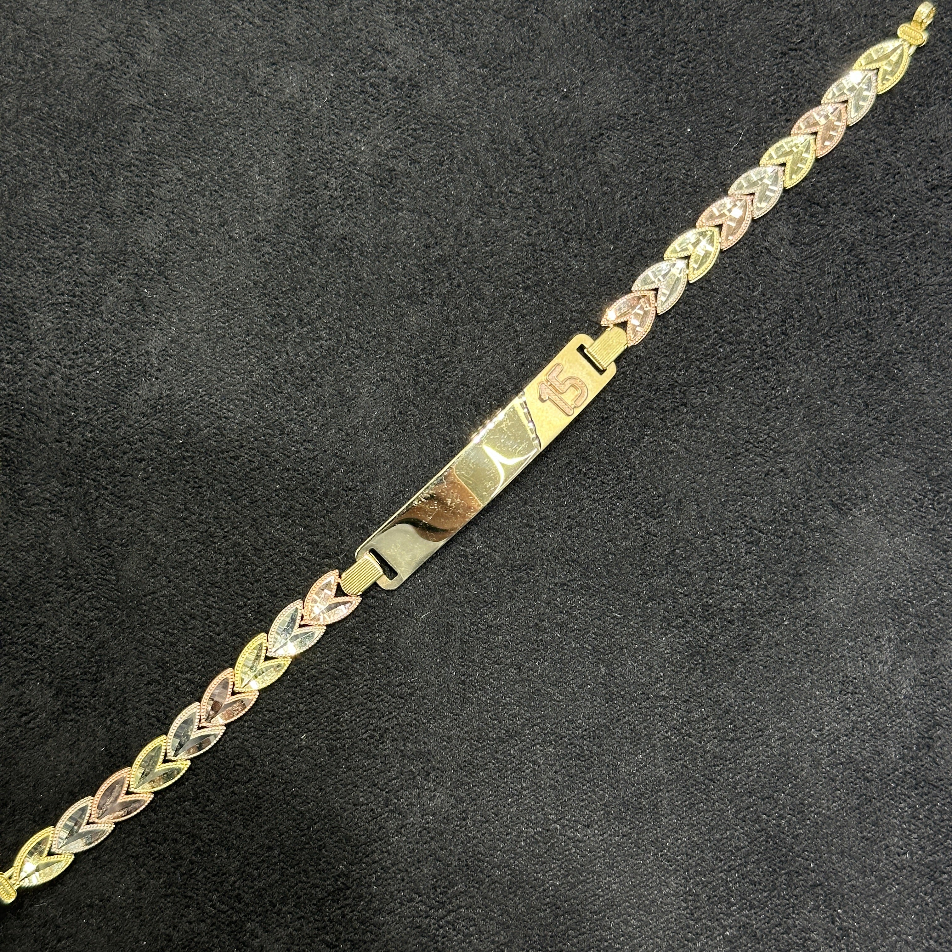 3 Tone 10k Gold Quinceanera Bracelet with Nameplate for Girls Woman