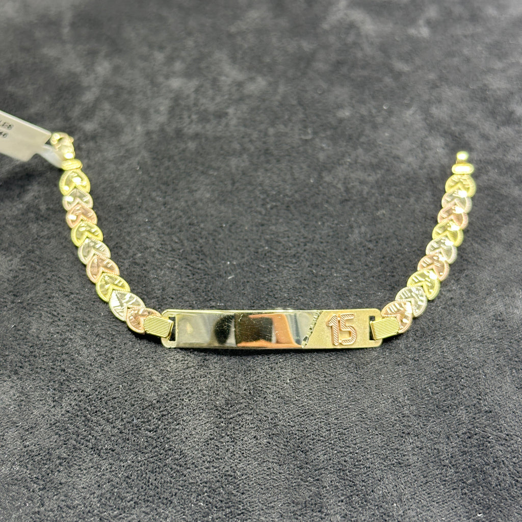 3 Tone 10k Gold Quinceanera Bracelet with Nameplate for Girls Woman