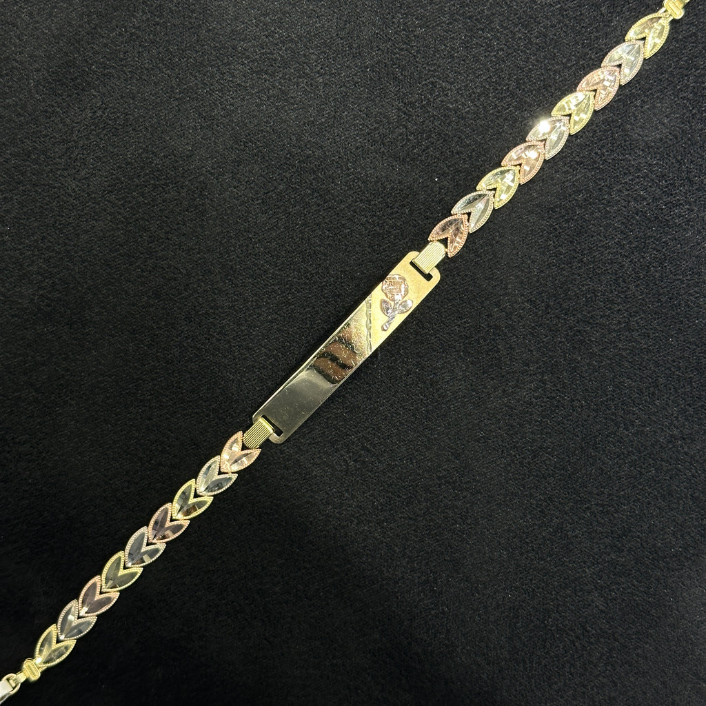 10k Gold 3 Tone Yellow White Rose Gold Bracelet with Nameplate and Flower