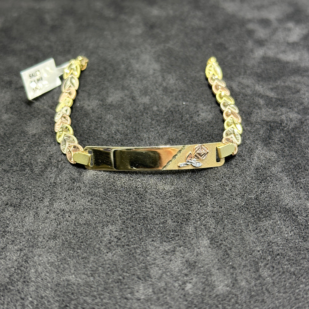 10k Gold 3 Tone Yellow White Rose Gold Bracelet with Nameplate and Flower