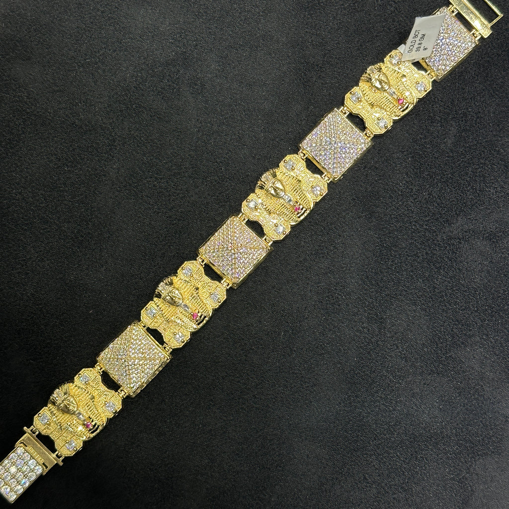 10k Yellow Gold Cz King Tut Pharaoh Head Bracelet