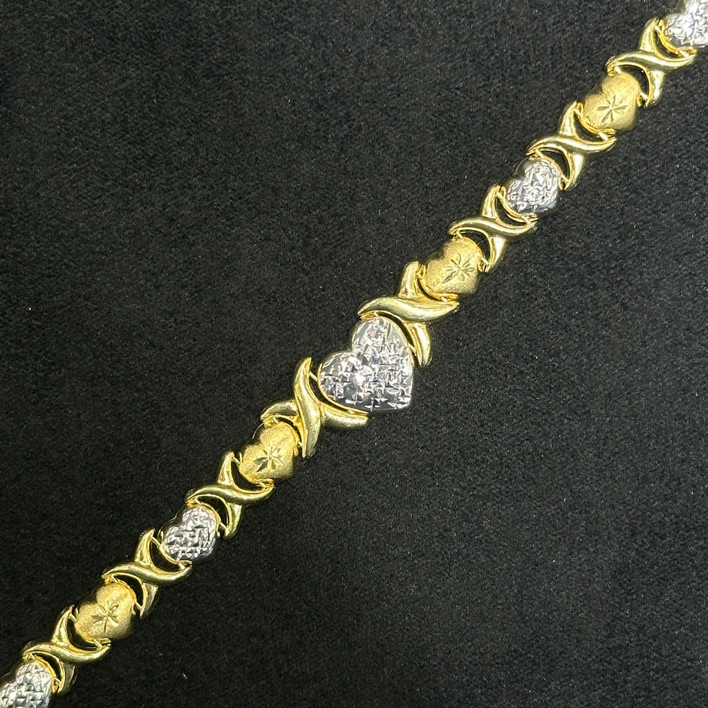10k Gold XO with Heart I Love You Diamond Cut Bracelet