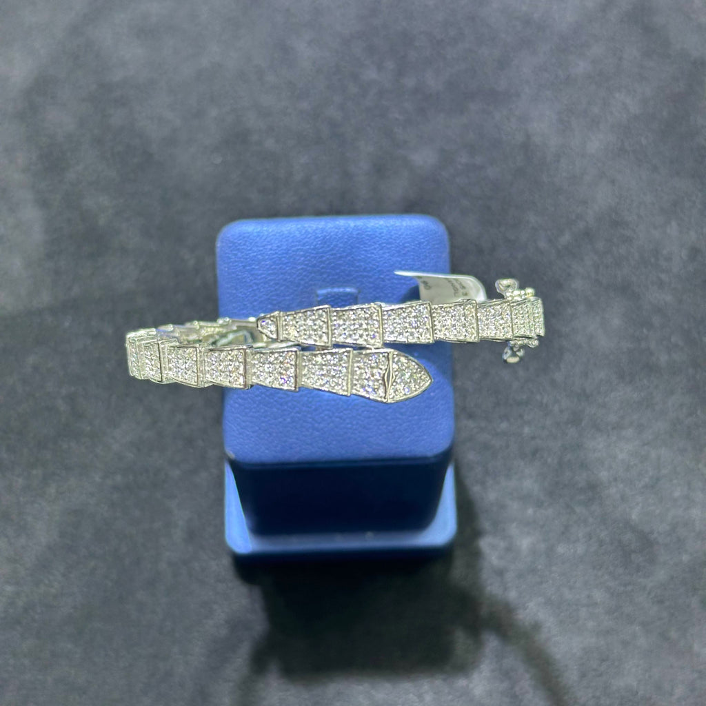 Fancy Style Silver Bangle Bracelet with Moissanite and Layered Shape