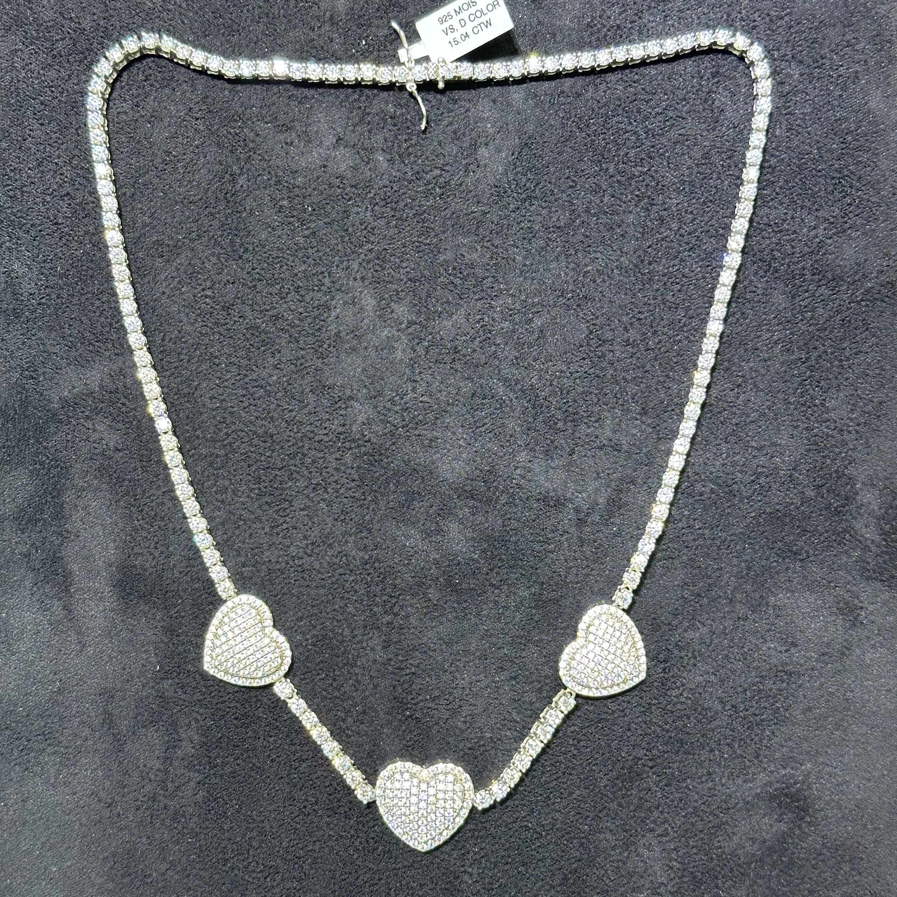 925 Sterling Silver VVS Moissanite Heart Tennis Chain 19"