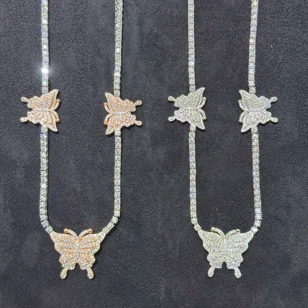 Butterfly Tennis Chains 925 Sterling Silver VVS Moissanite Rose Gold & Plain 22"