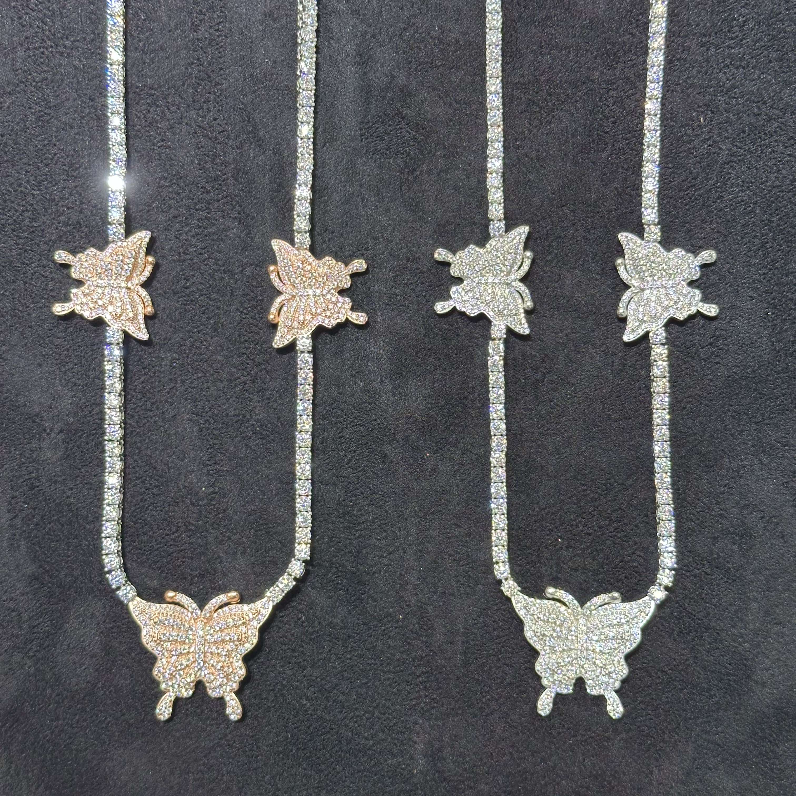 Butterfly Tennis Chains 925 Sterling Silver VVS Moissanite Rose Gold & Plain 22"