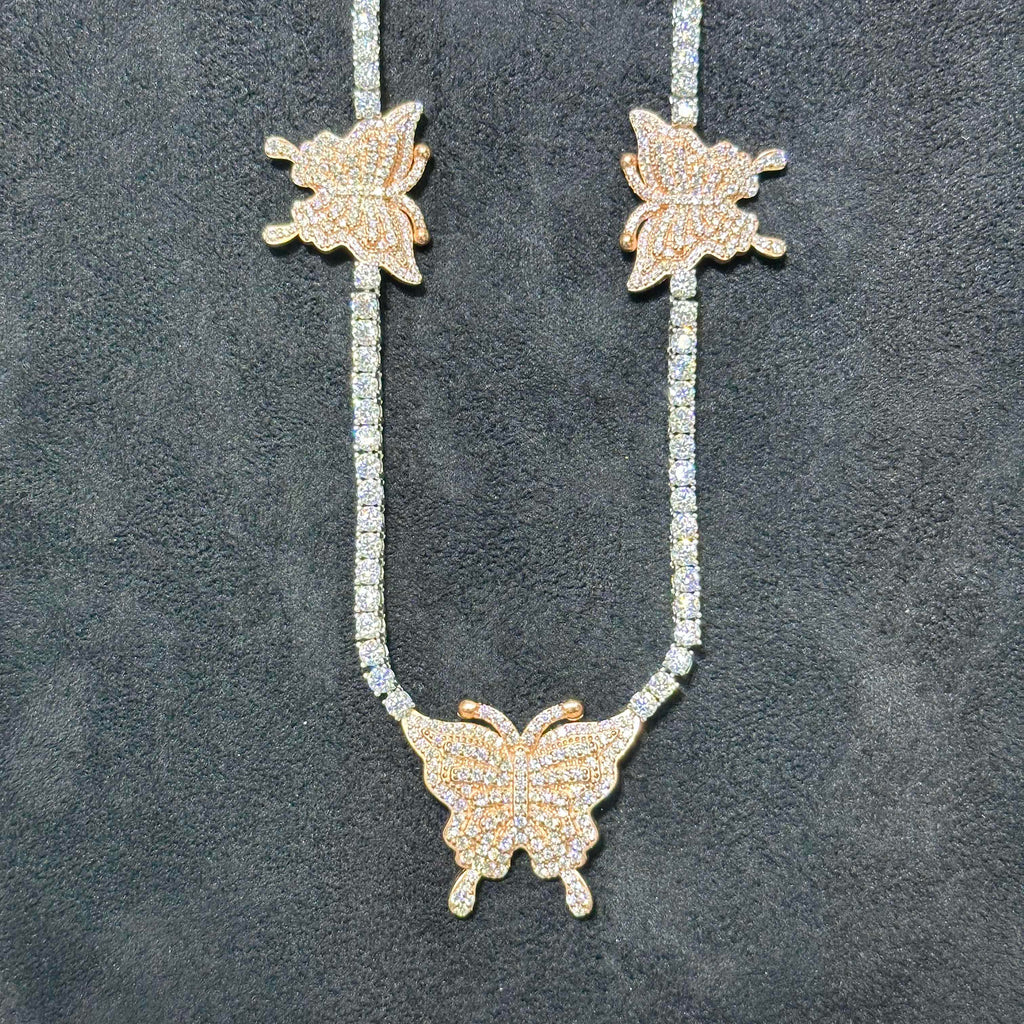 Butterfly Tennis Chains 925 Sterling Silver VVS Moissanite Rose Gold & Plain 22"