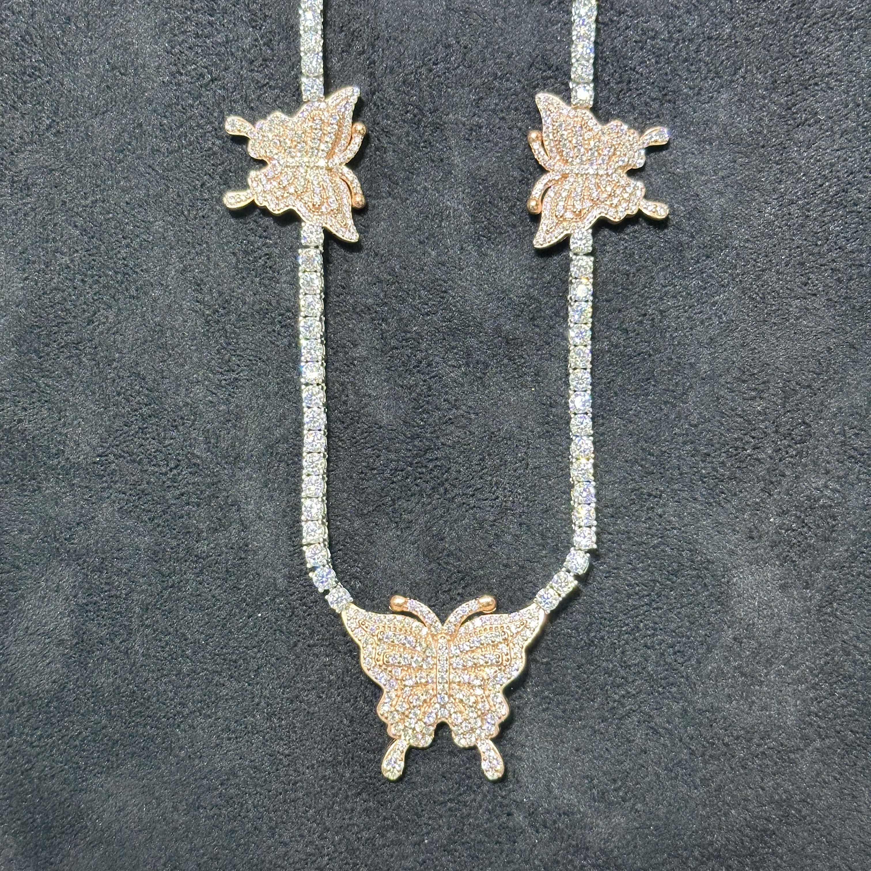 Butterfly Tennis Chains 925 Sterling Silver VVS Moissanite Rose Gold & Plain 22"