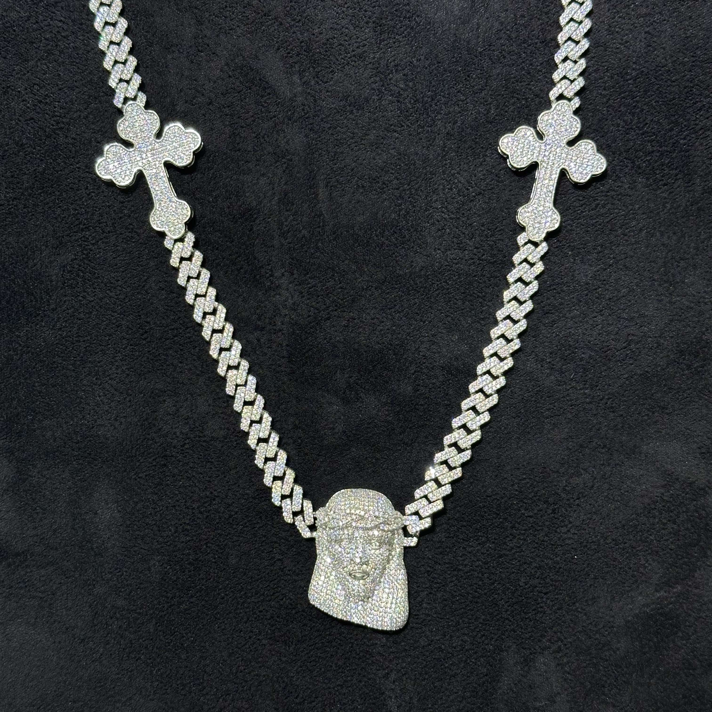 13.89 CTW VVS Moissanite Jesus Cross Cuban Chain with 925 Sterling Silver 22"