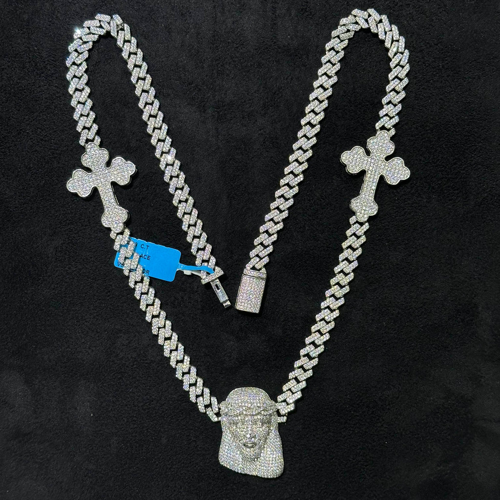 13.89 CTW VVS Moissanite Jesus Cross Cuban Chain with 925 Sterling Silver 22"