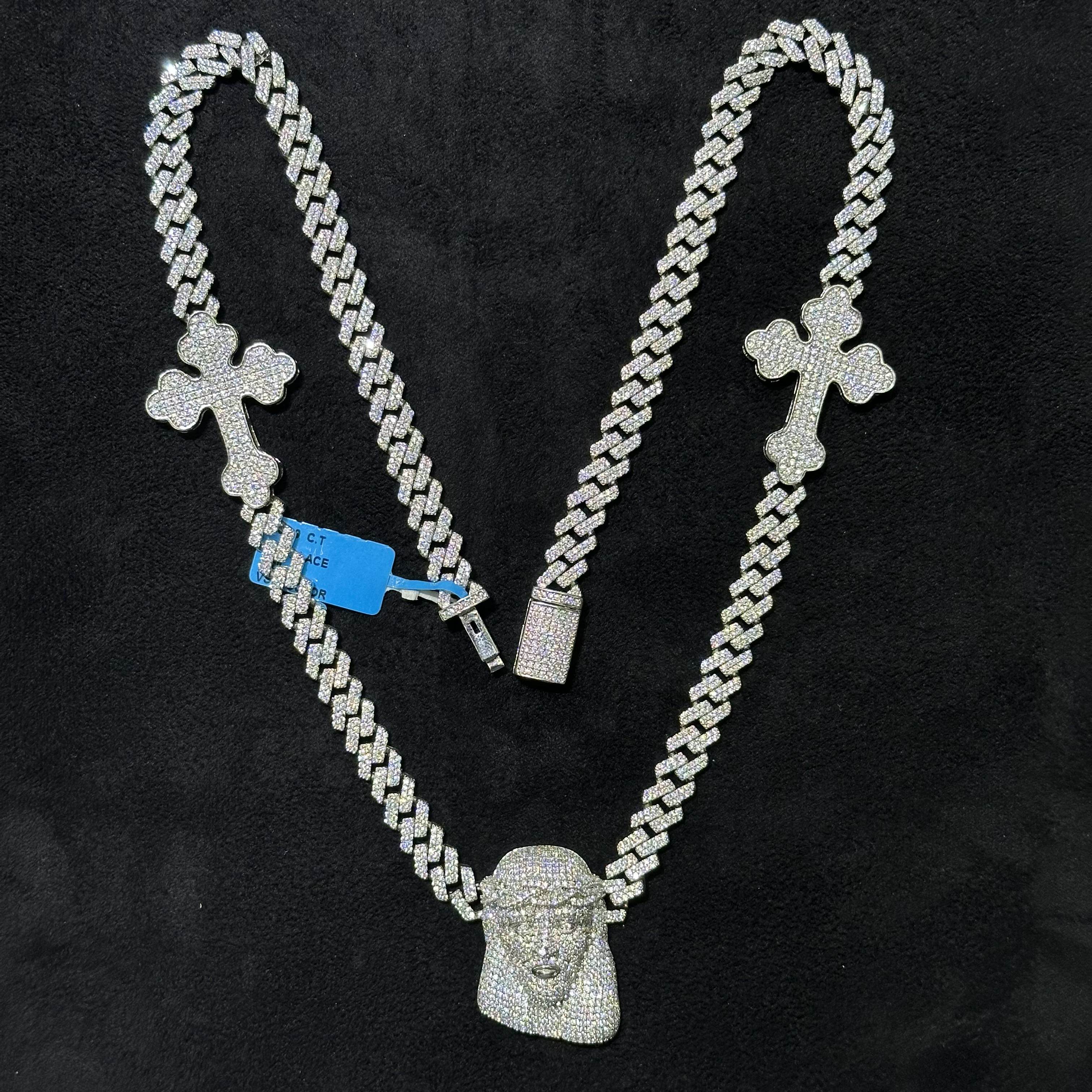 13.89 CTW VVS Moissanite Jesus Cross Cuban Chain with 925 Sterling Silver 22"