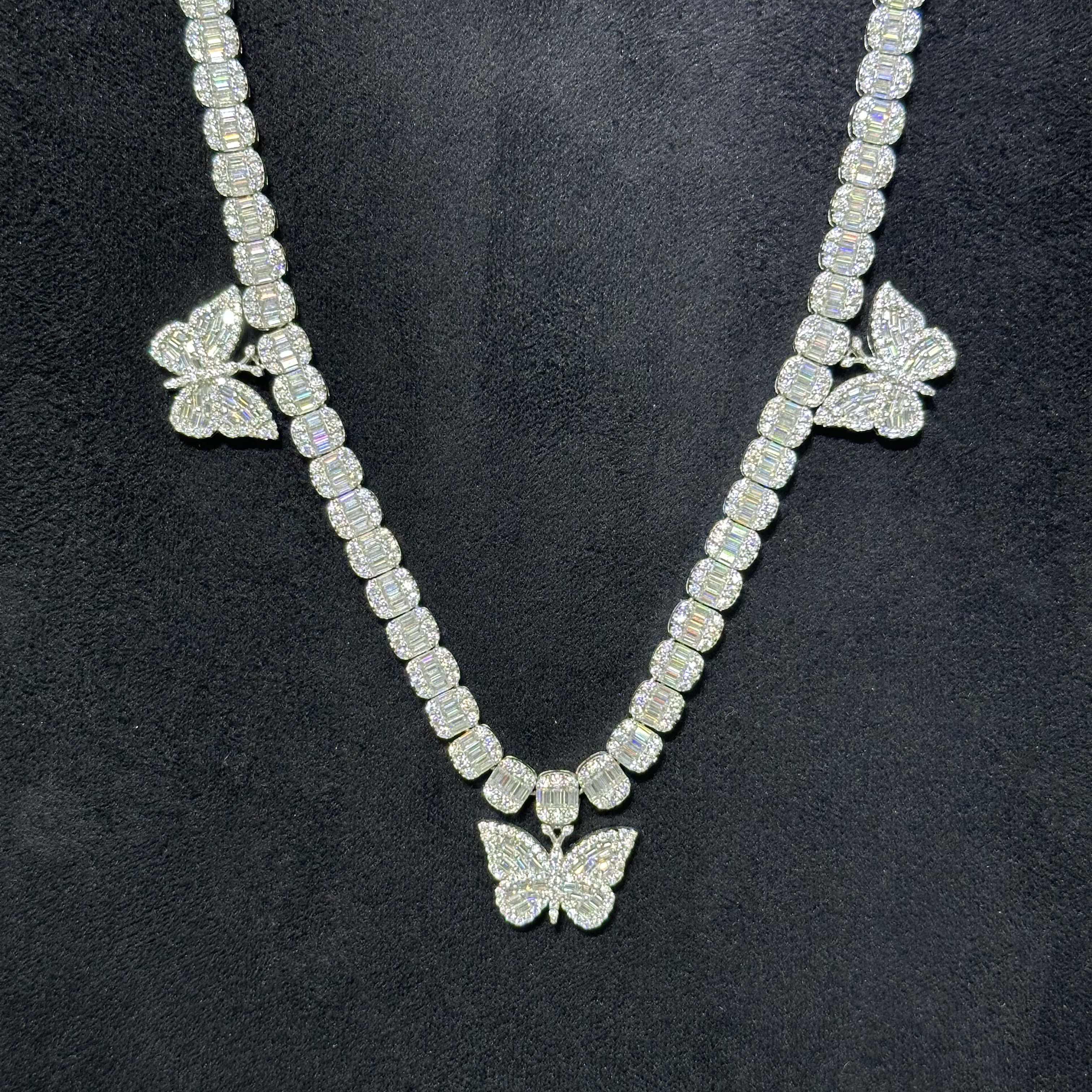 22.83 CTW 925 Sterling Silver VVS Moissanite Butterfly Cluster Tennis Chain 20"