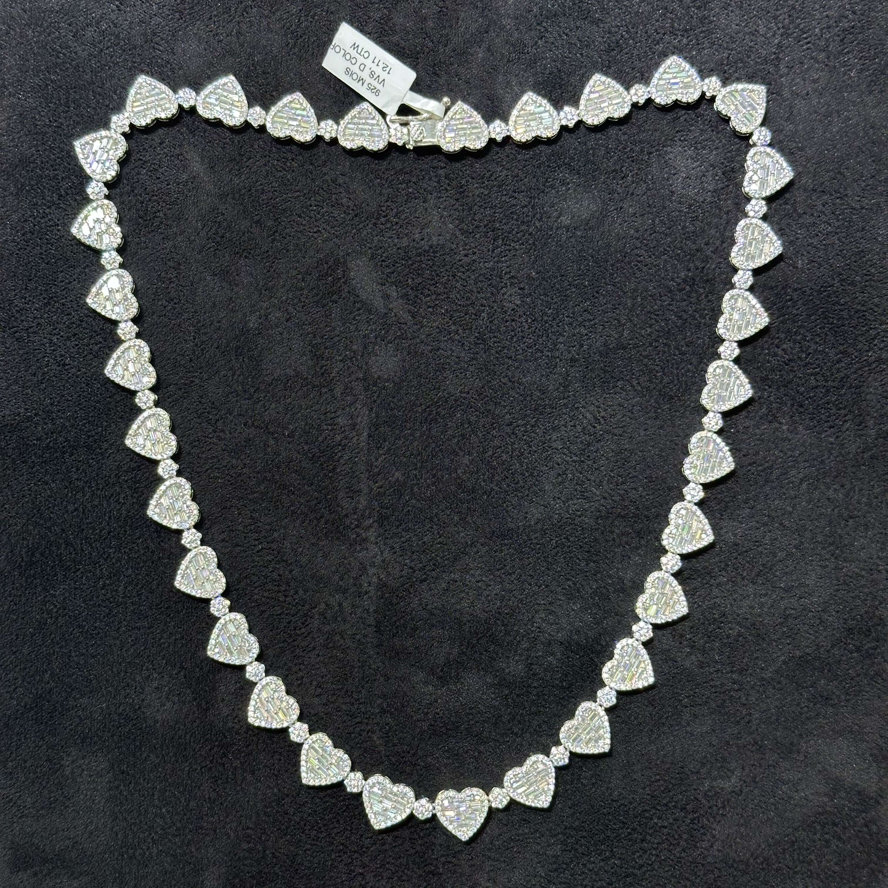 10mm 925 Sterling Silver VVS Moissanite 12.11 ctw Heart Chain 18" for Women