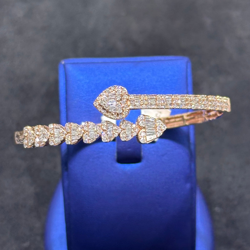 Rose Gold Coated Silver Bangle Bracelet Heart Shaped for Ladies VVS Moissanite