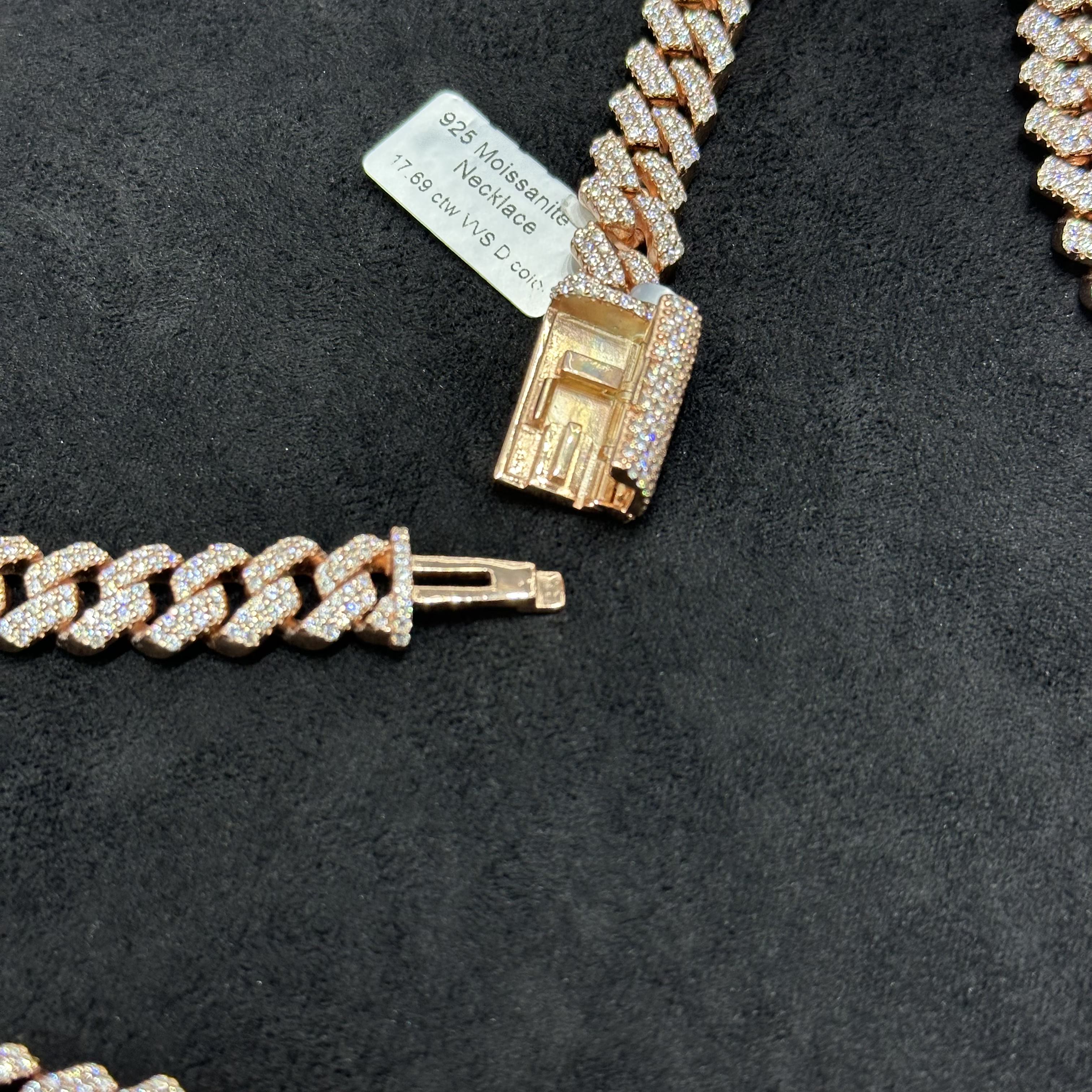 17.69 CTW VVS Moissanite Cuban Chain with 925 Sterling Silver Rose Gold Coated