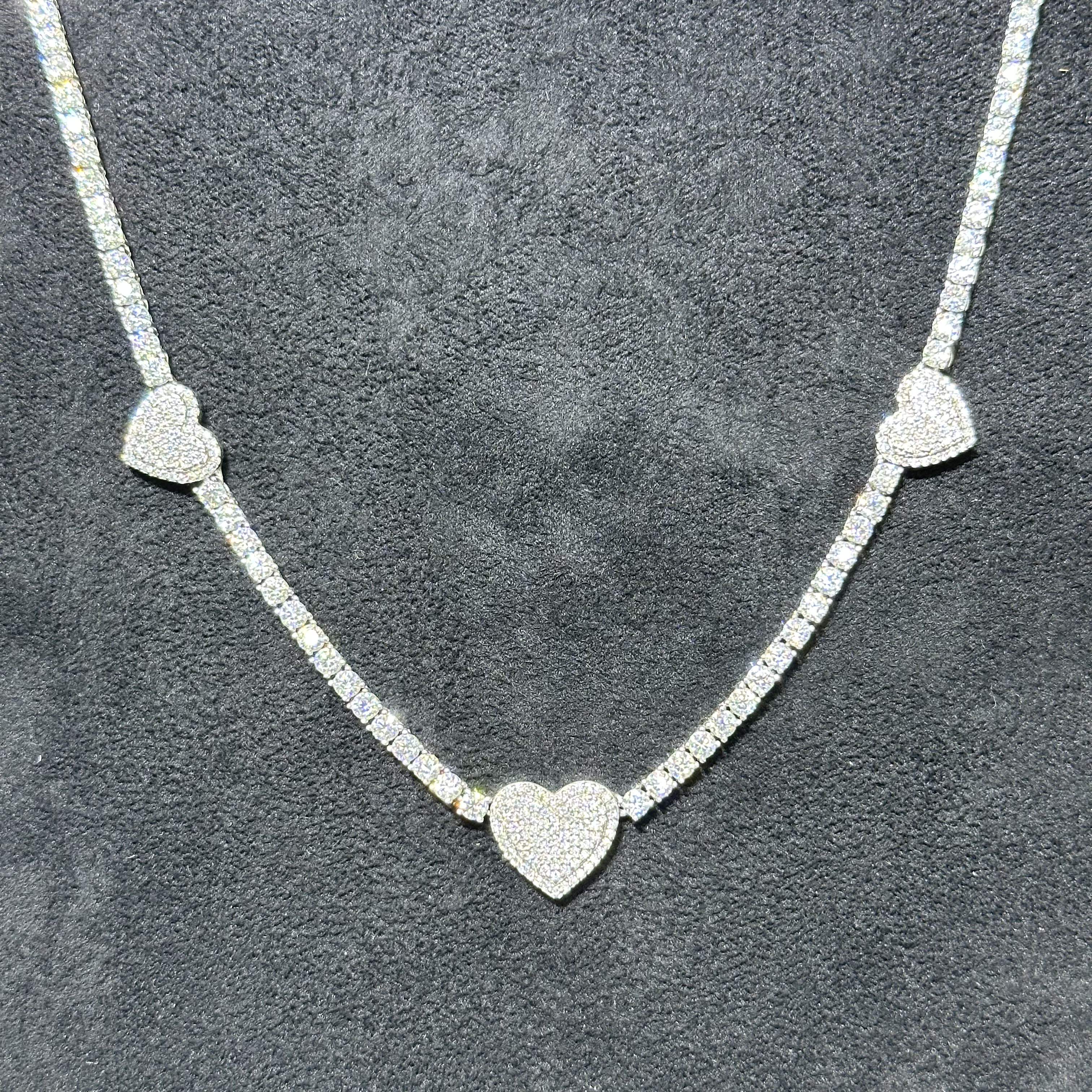 16.23 ctw VVS Moissanite Heart Tennis Chain 18" 925 Sterling Silver