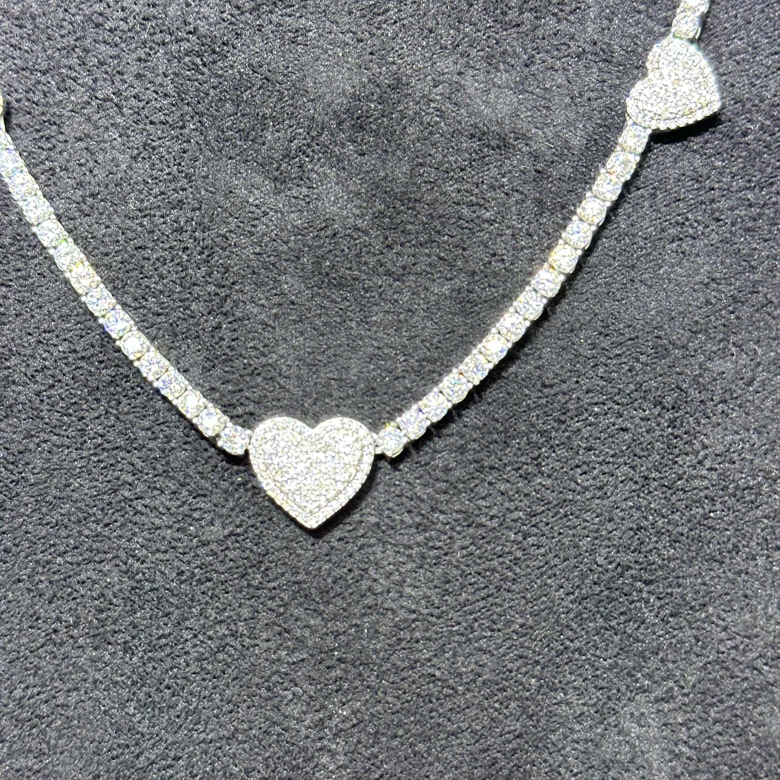 16.23 ctw VVS Moissanite Heart Tennis Chain 18" 925 Sterling Silver