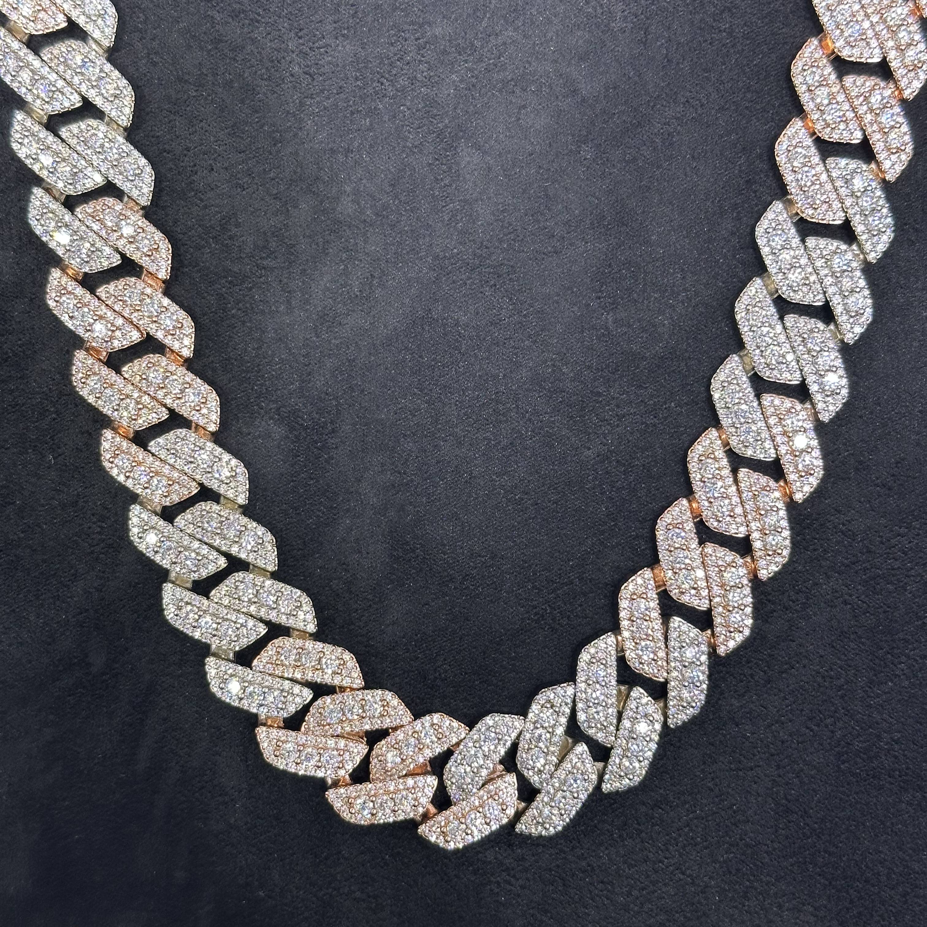 62 CTW VVS Moissanite Rose Gold Coated Two-Tone 925 Sterling Silver Chain