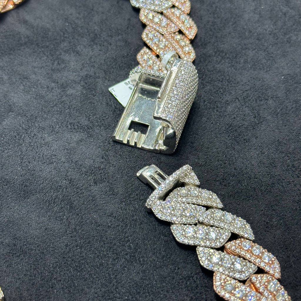 62 CTW VVS Moissanite Rose Gold Coated Two-Tone 925 Sterling Silver Chain
