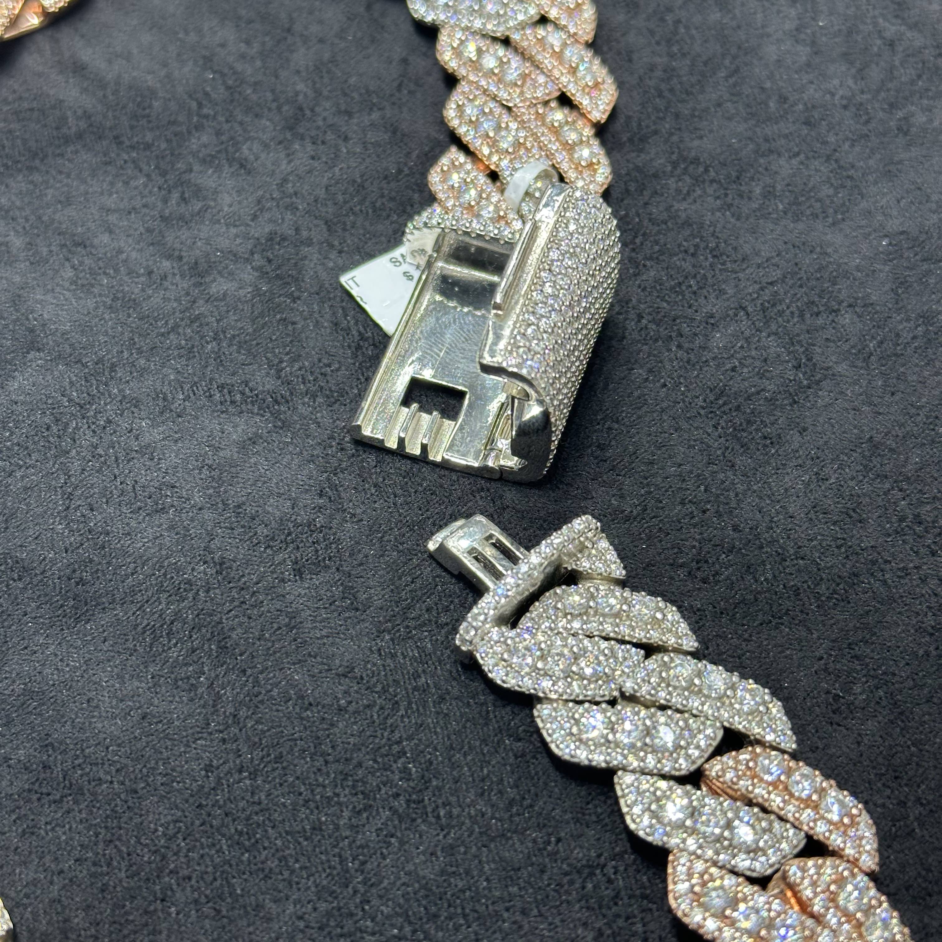 62 CTW VVS Moissanite Rose Gold Coated Two-Tone 925 Sterling Silver Chain