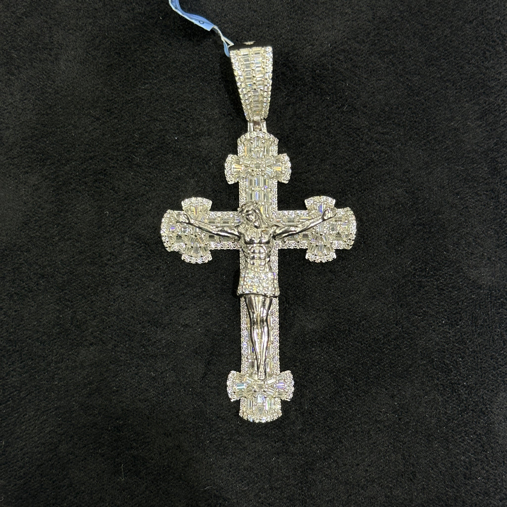 925 Silver Cross with Jesus Body and Baguette Style Moissanite VVS 5.56 CTW