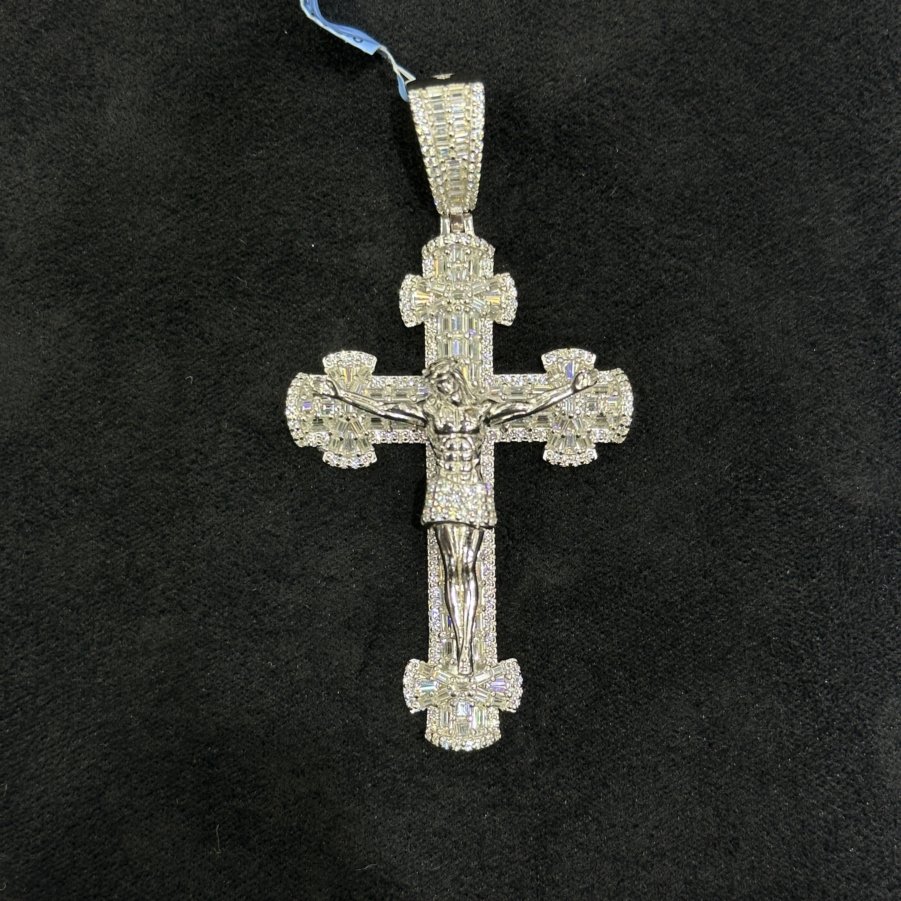 925 Silver Cross with Jesus Body and Baguette Style Moissanite VVS 5.56 CTW