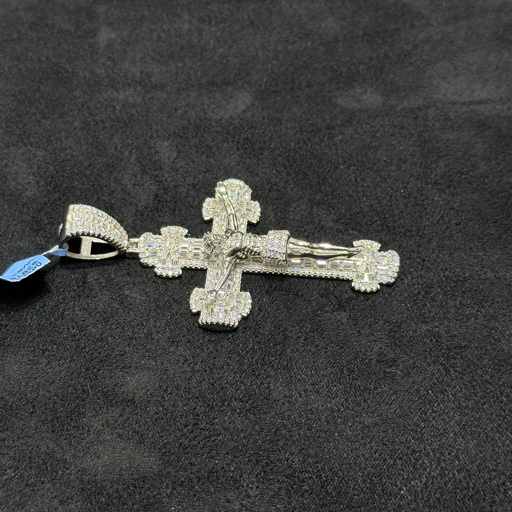 925 Silver Cross with Jesus Body and Baguette Style Moissanite VVS 5.56 CTW