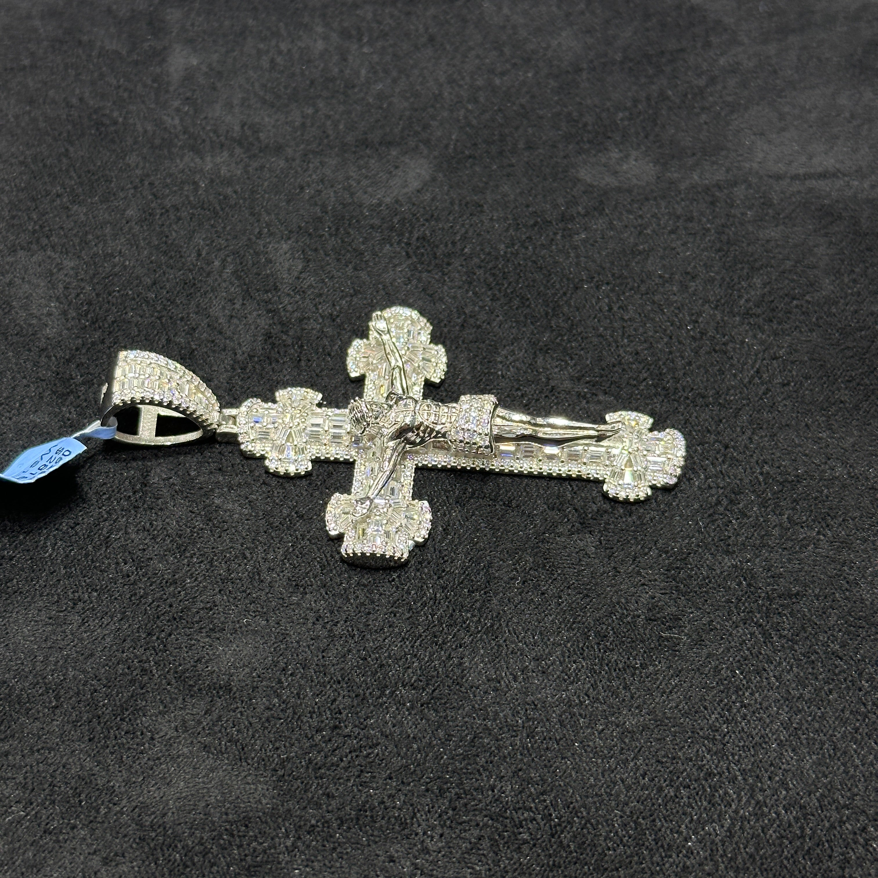 925 Silver Cross with Jesus Body and Baguette Style Moissanite VVS 5.56 CTW