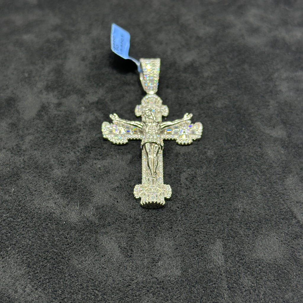 925 Silver Cross with Jesus Body and Baguette Style Moissanite VVS 5.56 CTW