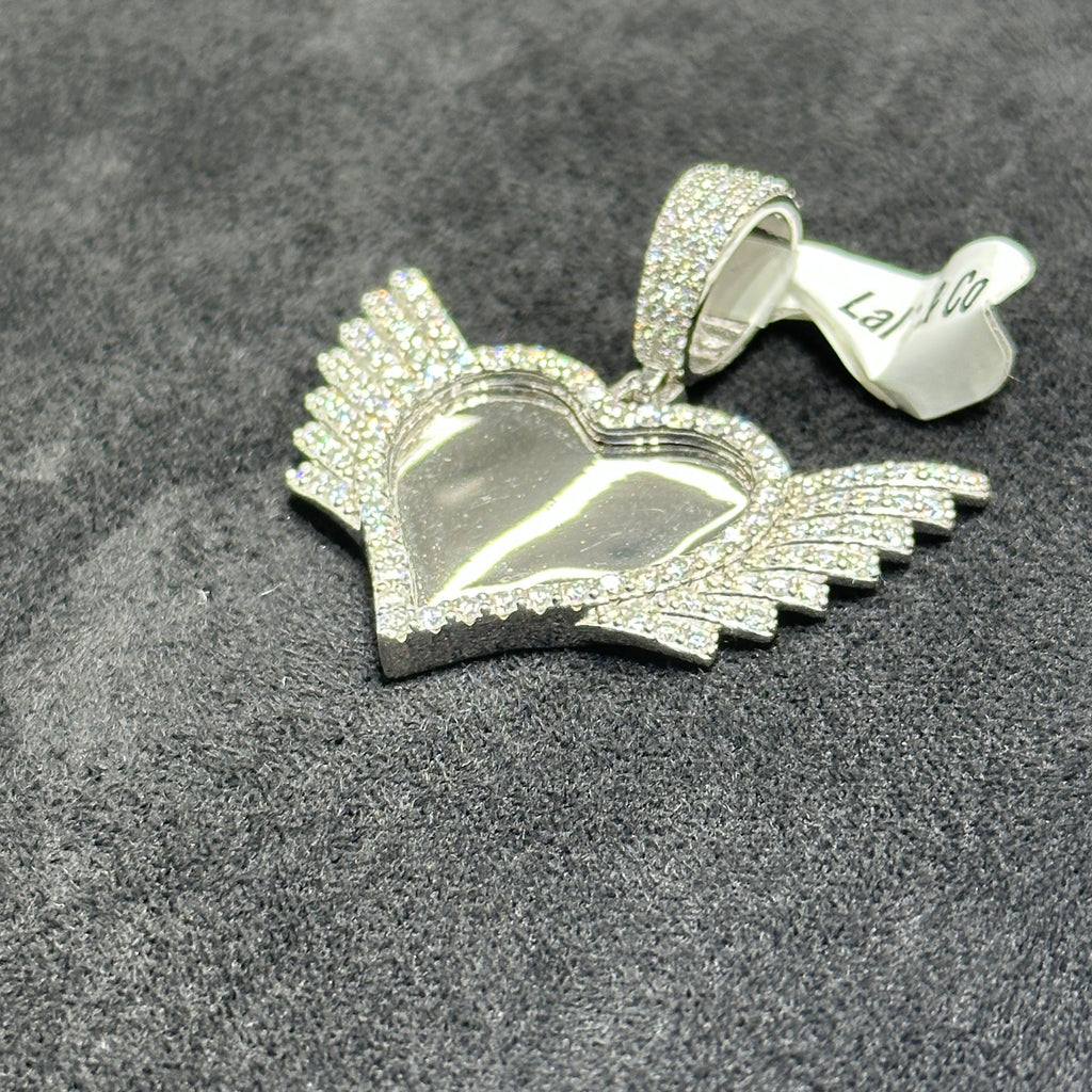 Heart with Wings Memorial Picture Charm 925 Silver and Moissanite 3.8 CTW