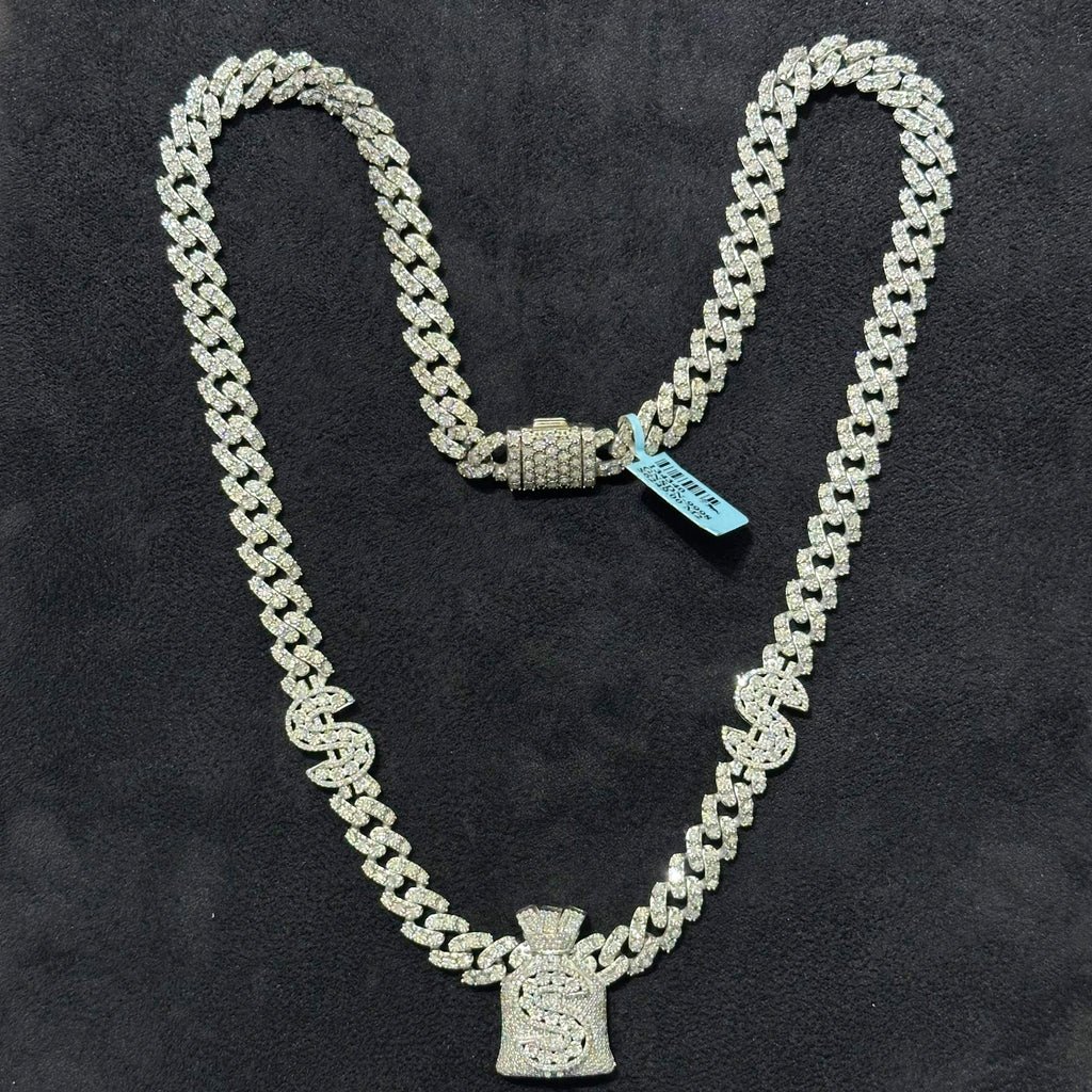 4.40 CTW Natural Diamond 925 Sterling Silver Money Bag Cuban Chain 22"