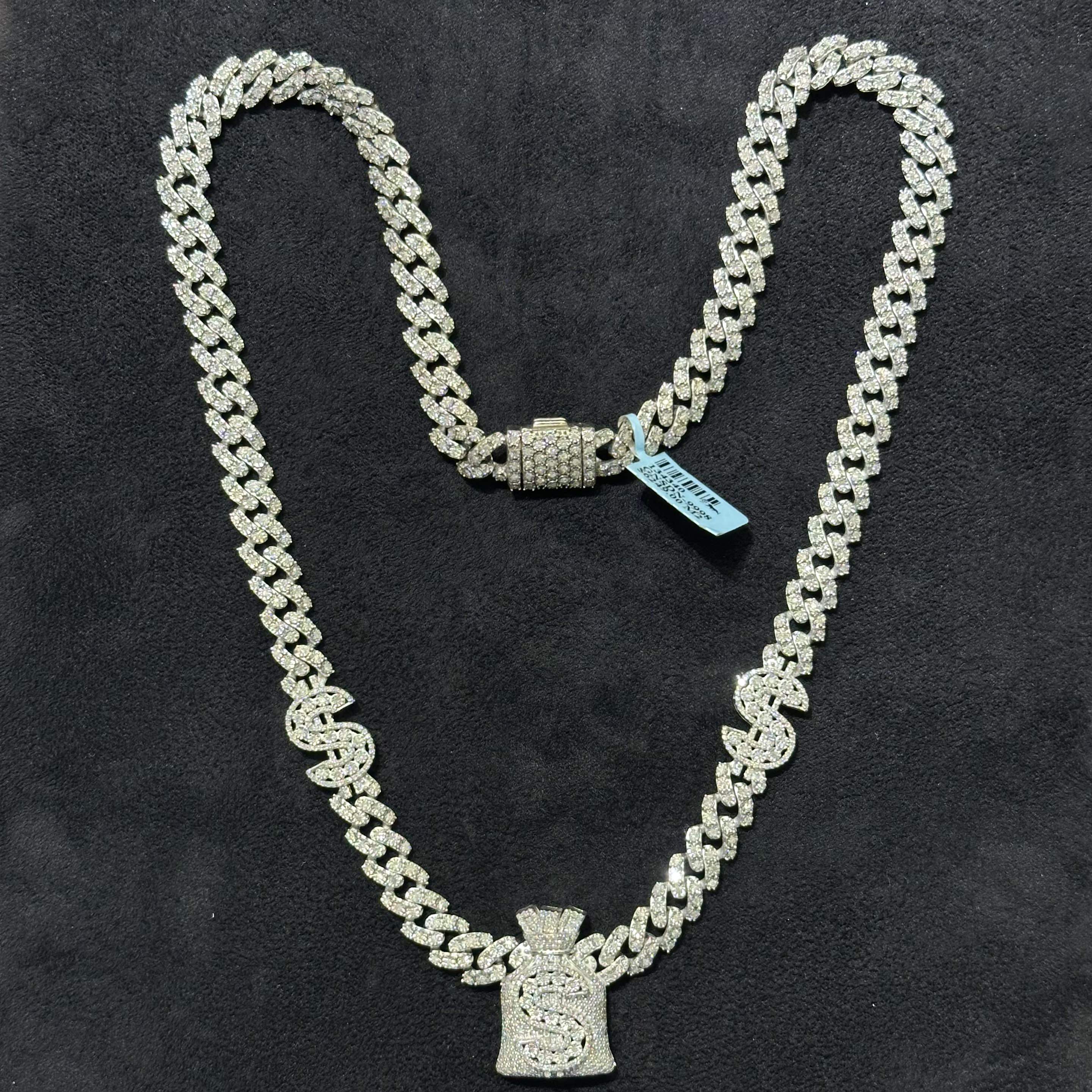 4.40 CTW Natural Diamond 925 Sterling Silver Money Bag Cuban Chain 22"