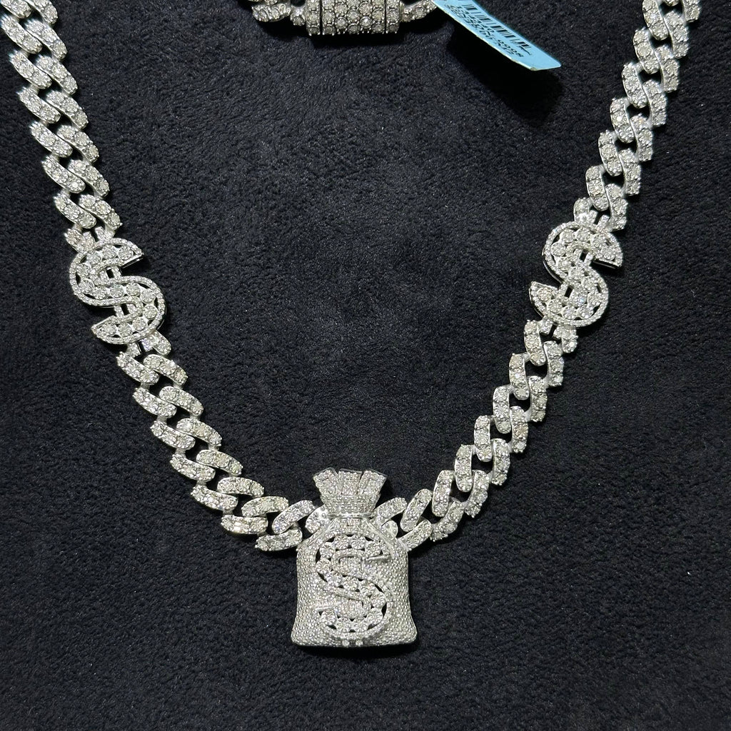 4.40 CTW Natural Diamond 925 Sterling Silver Money Bag Cuban Chain 22"