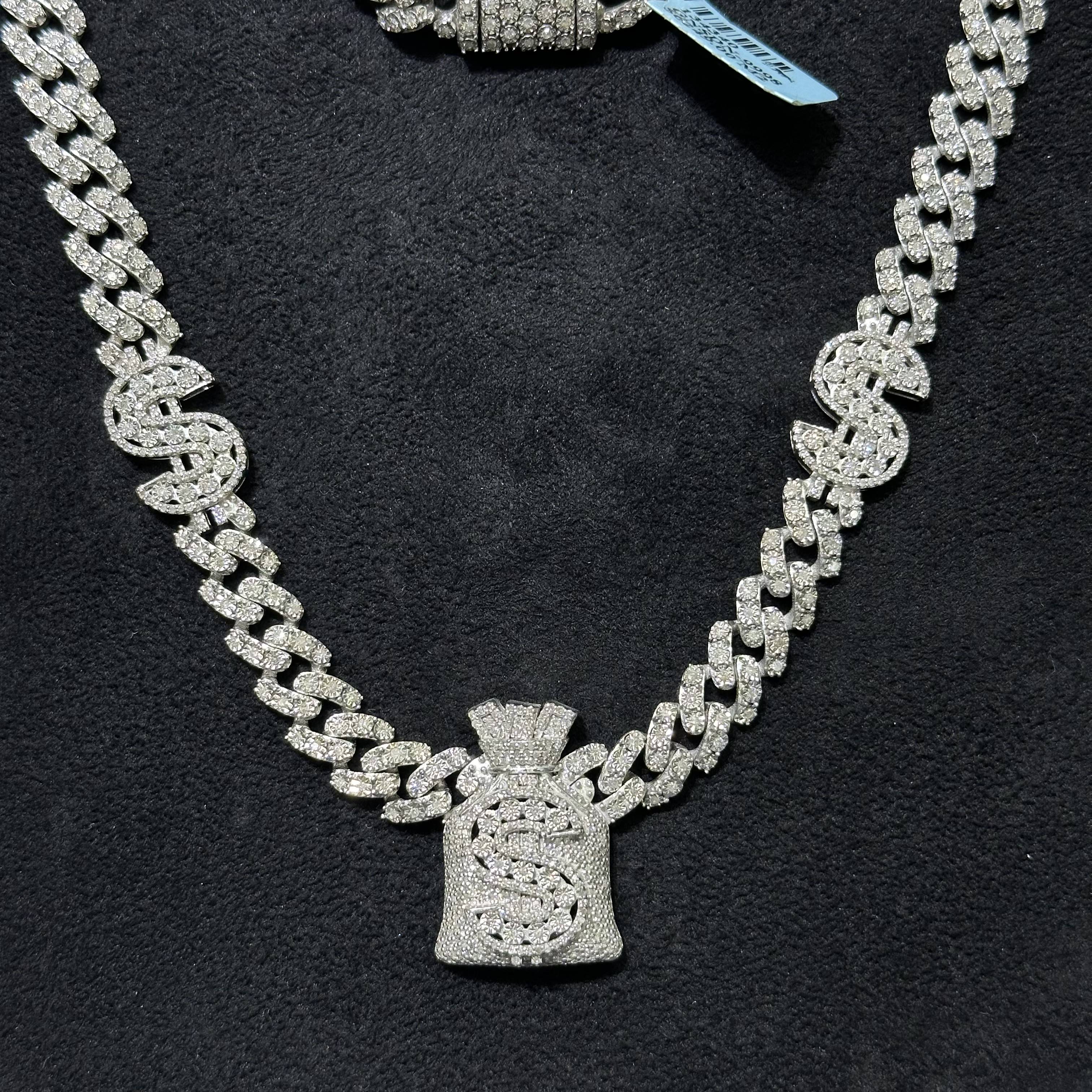 4.40 CTW Natural Diamond 925 Sterling Silver Money Bag Cuban Chain 22"