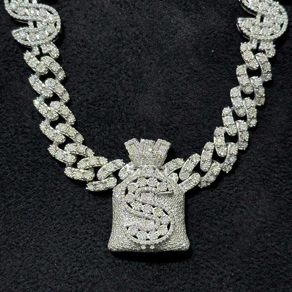 4.40 CTW Natural Diamond 925 Sterling Silver Money Bag Cuban Chain 22"