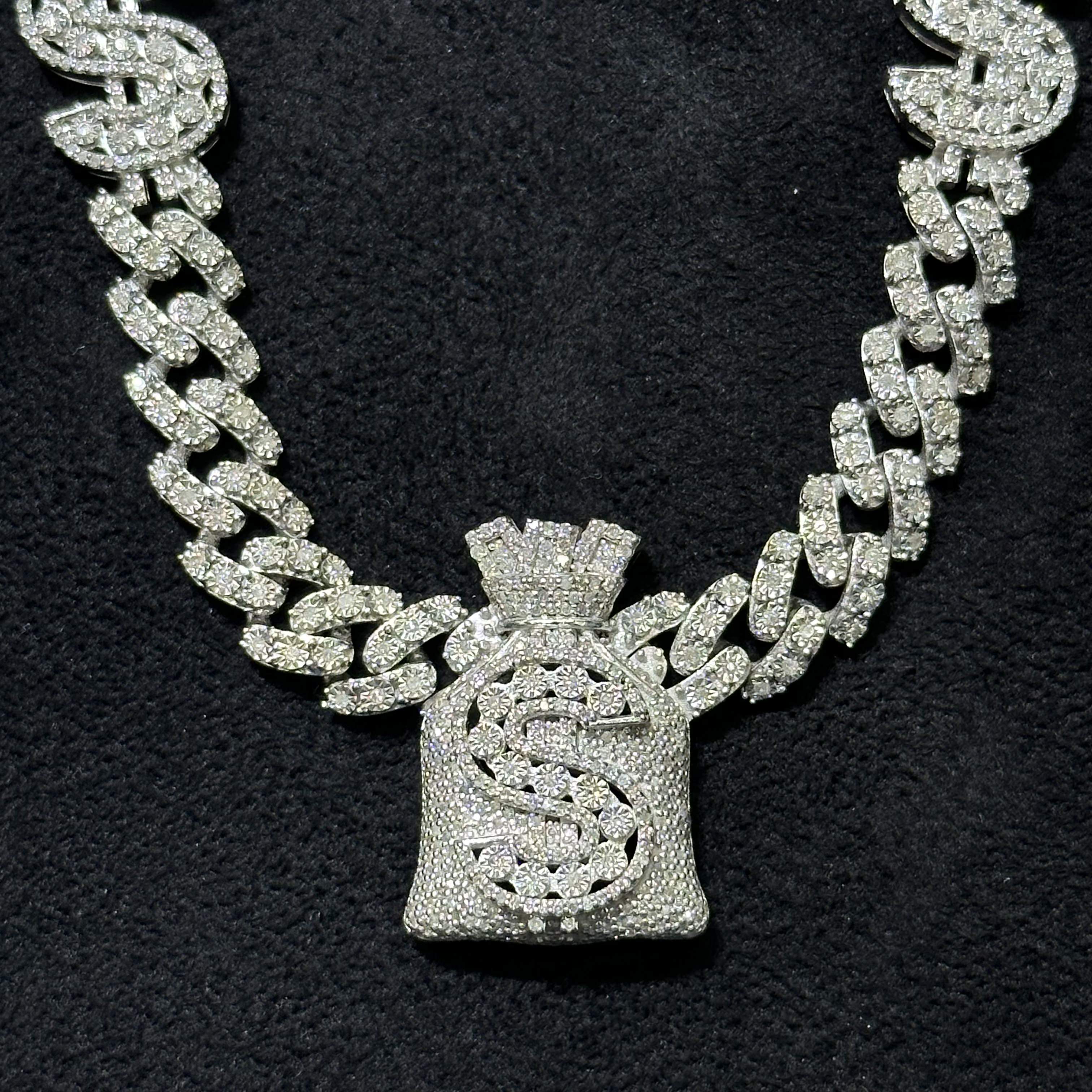 4.40 CTW Natural Diamond 925 Sterling Silver Money Bag Cuban Chain 22"