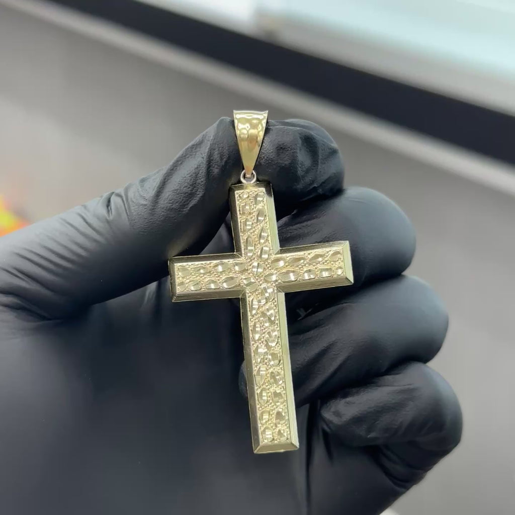 10K Solid Gold Diamond Cut Nugget Cross Charms Large & Medium