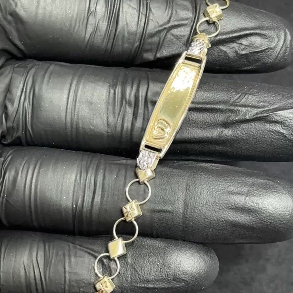 10k Nameplate Baby Bracelet Multicolor Gold Hearts and Diamond Cut