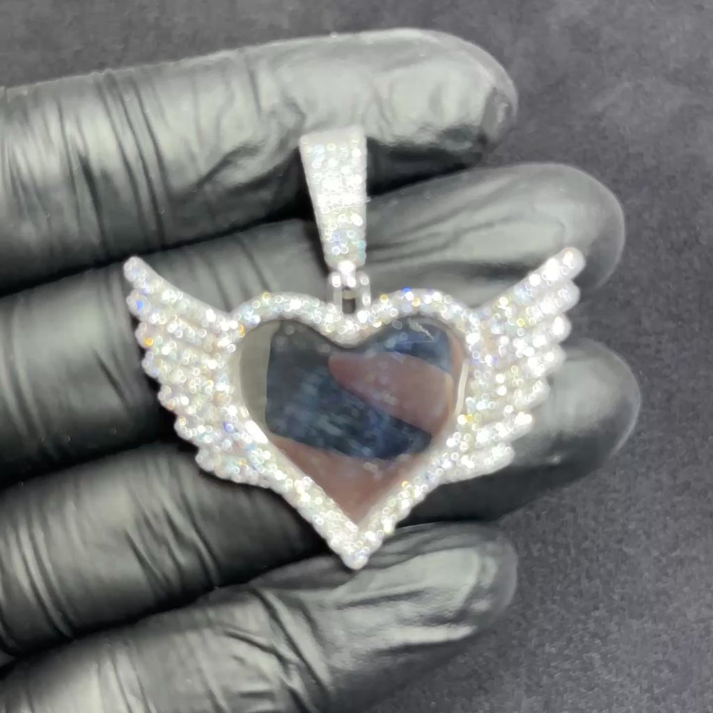 Heart with Wings Memorial Picture Charm 925 Silver and Moissanite 3.8 CTW